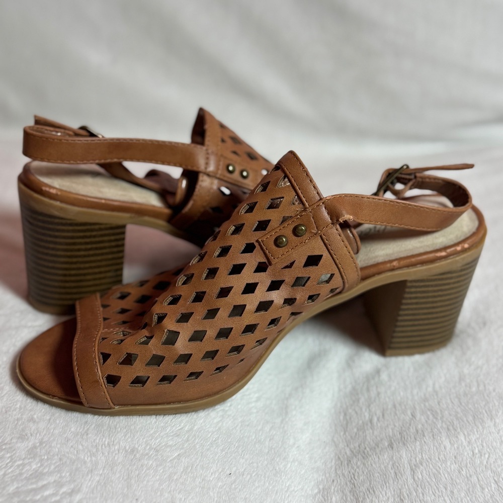 Easy Street Brown Laser Cut Perforated Open Toe Sling Back Chunky Heel, Size 9W